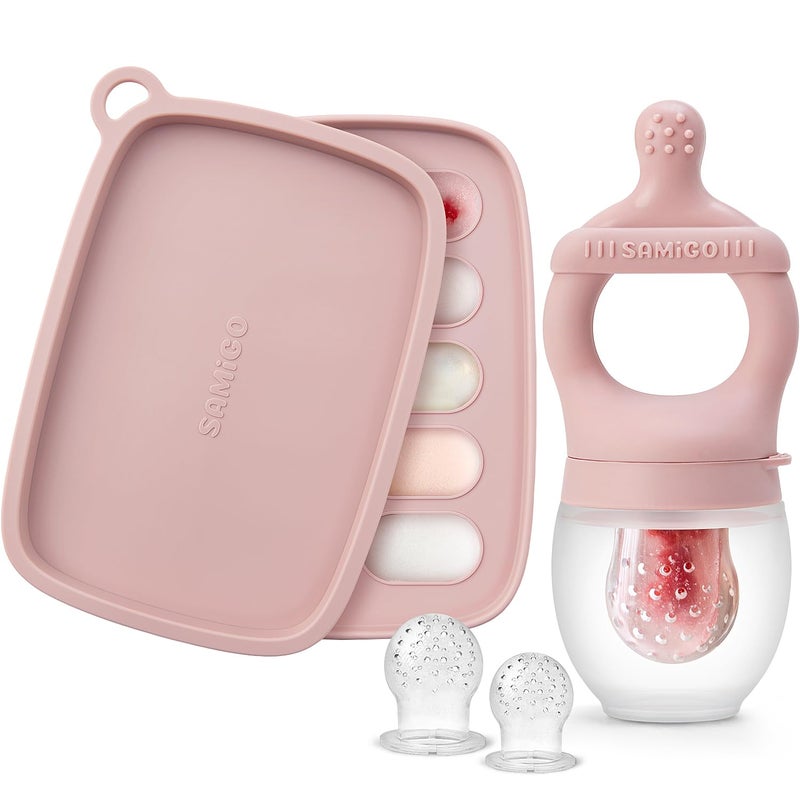 SAMiGO Baby Food Fruit Feeder and Breastmilk Popsicle Mold Set, Silicone Fruit Teether, Food Feeder Pacifier for Teething Relief, Freezer Tray, Baby Feeding Essentials, 4 Months+ - Image 1